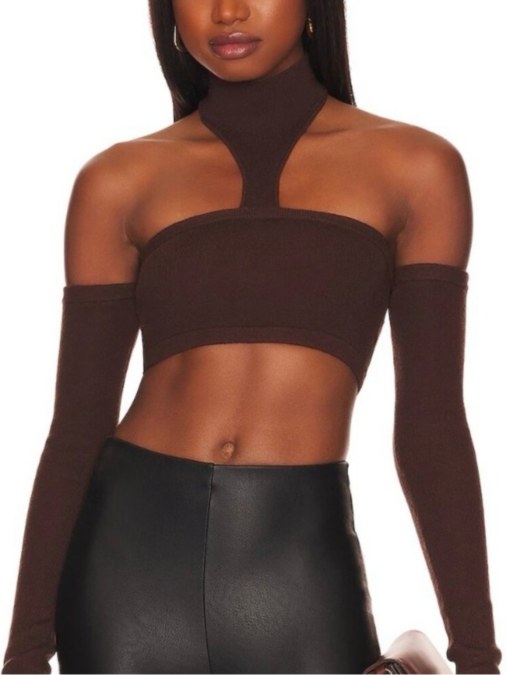 Camila Coelho x Revolve Genesis Chocolate Brown Knit Off-Shoulder Choker, Small